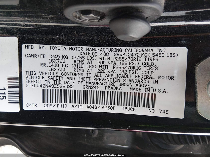 2009 Toyota Tacoma VIN 5TELU42N49Z599032 IAAI salvage auction — REAR END, Bill Of Sale (Washington), sold $5,600 on 2026-07-22 (photo 9)