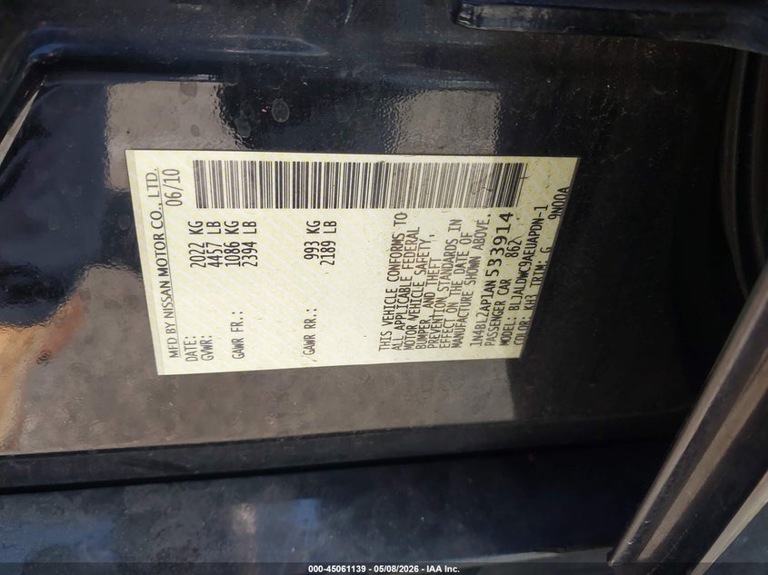 2010 Nissan Altima VIN 1N4BL2AP1AN533914 IAAI salvage auction — FRONT & REAR, Salvage (California), sold $425 on 2026-07-09 (photo 9)