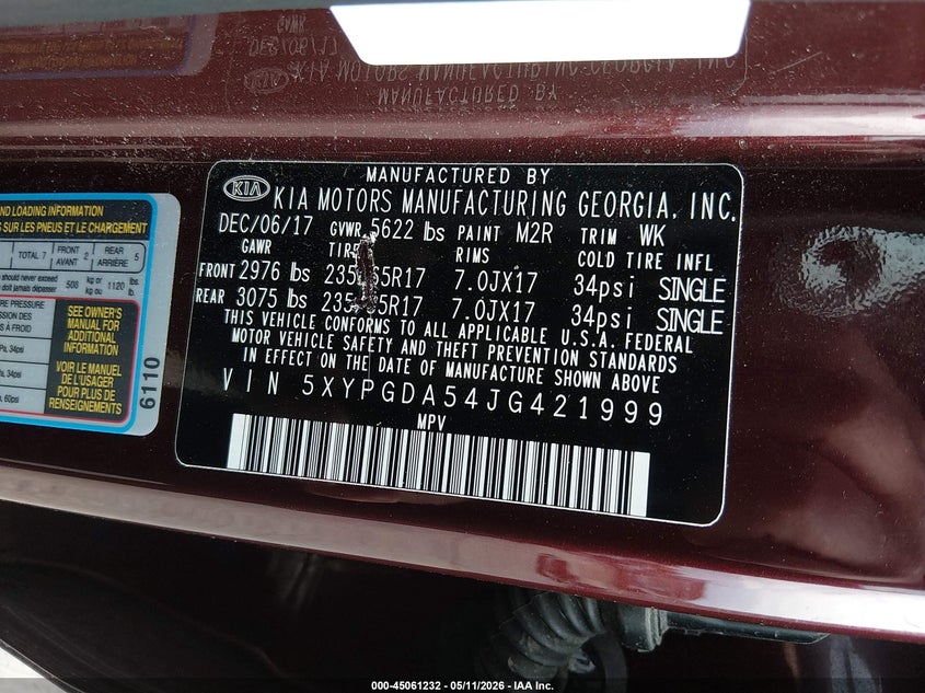 2018 Kia Sorento VIN 5XYPGDA54JG421999 IAAI salvage auction — FRONT END, Salvage (Maine), sold $2,600 on 2026-07-06 (photo 9)