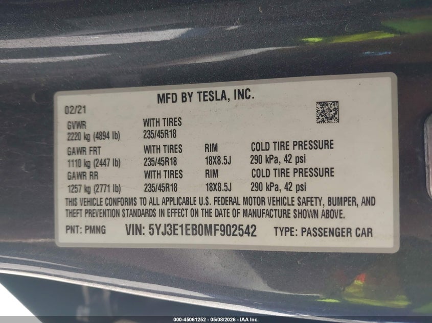 2021 Tesla Model 3 VIN 5YJ3E1EB0MF902542 IAAI salvage auction — FRONT END, Salvage (New Hampshire), sold $7,800 on 2026-07-30 (photo 9)