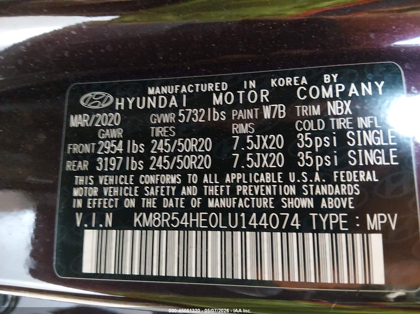 2020 Hyundai Palisade VIN KM8R54HE0LU144074 IAAI salvage auction — RIGHT FRONT, Salvage (Texas), sold $4,450 on 2026-07-10 (photo 9)
