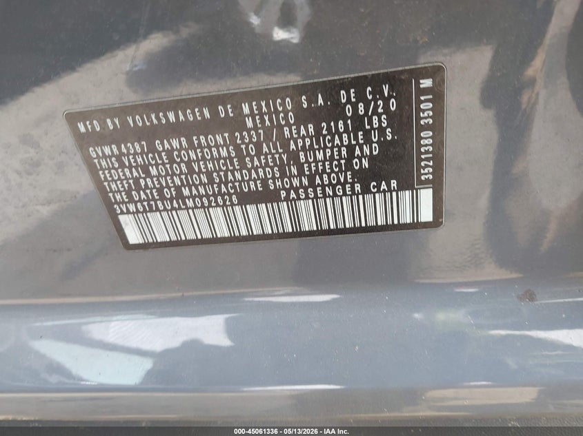2020 Volkswagen Jetta VIN 3VW6T7BU4LM092626 IAAI salvage auction — FRONT END, Salvage Title, sold $1,750 on 2026-08-06 (photo 9)