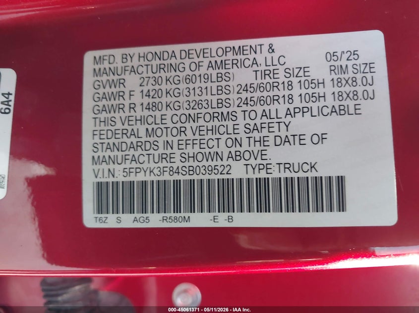 2025 Honda Ridgeline VIN 5FPYK3F84SB039522 IAAI salvage auction — REAR END, Rebuildable (Florida), sold $14,975 on 2026-07-24 (photo 9)