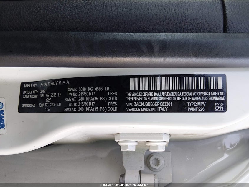 2019 Jeep Renegade VIN ZACNJBBB3KPK62201 IAAI salvage auction — FRONT END, Salvage (Nevada), sold $2,350 on 2026-07-17 (photo 9)