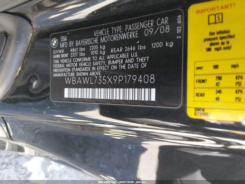2009 BMW 3 series VIN WBAWL735X9P179408 IAAI salvage auction — FRONT END, Clear (Montana), sold $725 on 2026-07-13 (photo 9)