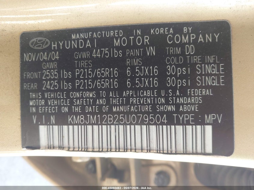 2005 Hyundai Tucson VIN KM8JM12B25U079504 IAAI salvage auction — NORMAL WEAR, Clear (Missouri), sold $275 on 2026-07-28 (photo 9)