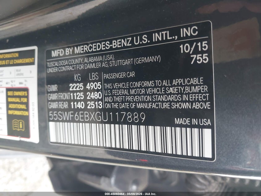 2016 Mercedes-benz C-klasse amg VIN 55SWF6EBXGU117889 IAAI salvage auction — FRONT END, Salvage (Georgia), sold $8,000 on 2026-07-28 (photo 9)