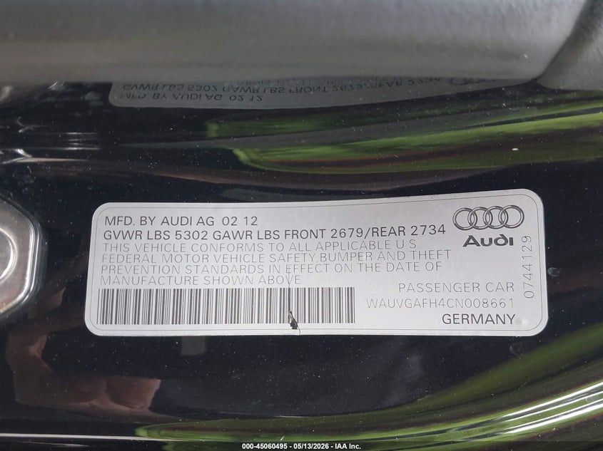 2012 Audi S5 VIN WAUVGAFH4CN008661 IAAI salvage auction — FRONT END, Salvage (Indiana), sold $2,800 on 2026-07-29 (photo 9)
