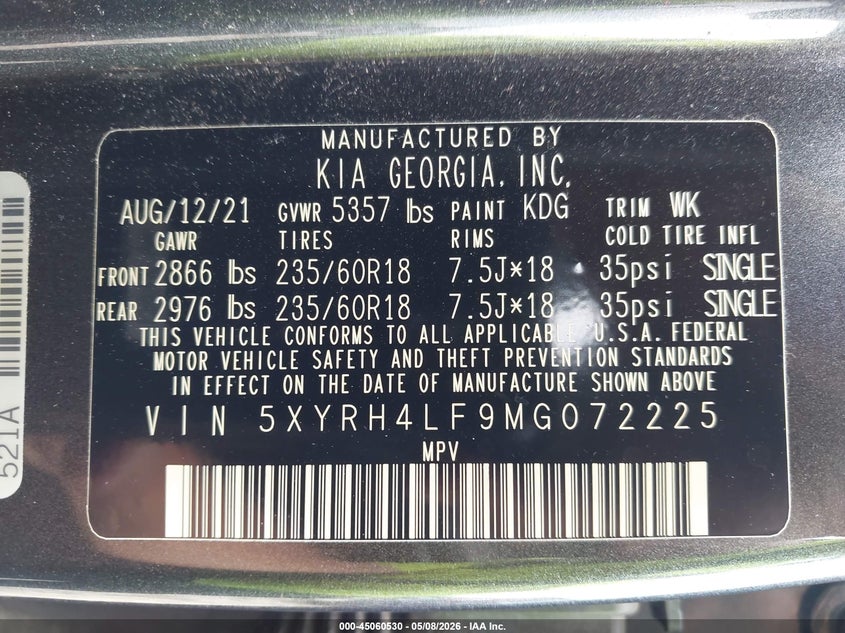 2021 Kia Sorento VIN 5XYRH4LF9MG072225 IAAI salvage auction — RIGHT SIDE, Salvage (Georgia), sold $3,800 on 2026-07-30 (photo 9)