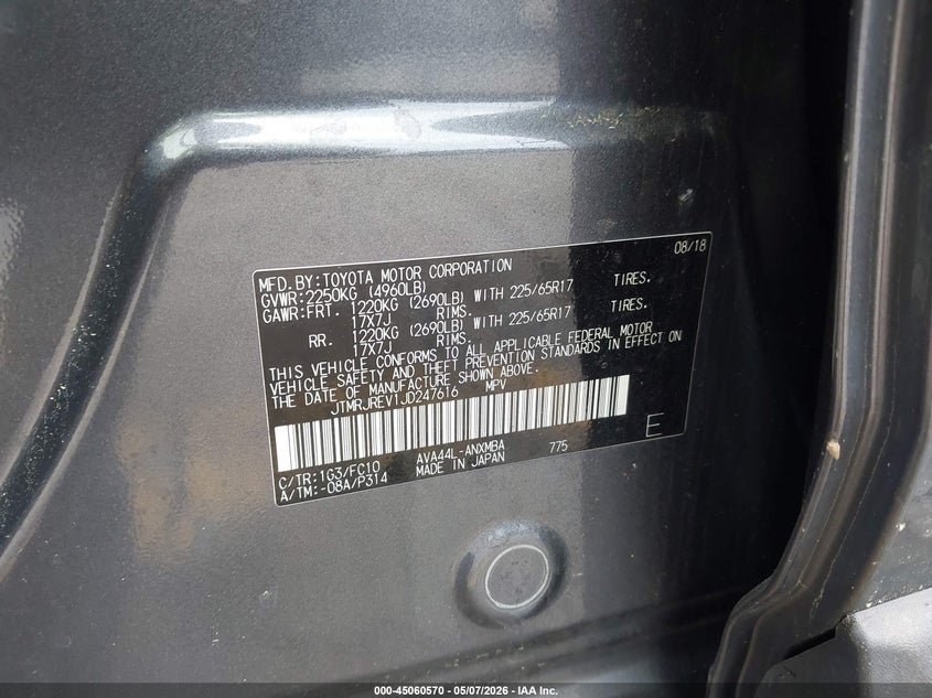 2018 Toyota Rav 4 VIN JTMRJREV1JD247616 IAAI salvage auction — FRONT END, Salvage (Georgia), sold $4,650 on 2026-07-15 (photo 9)
