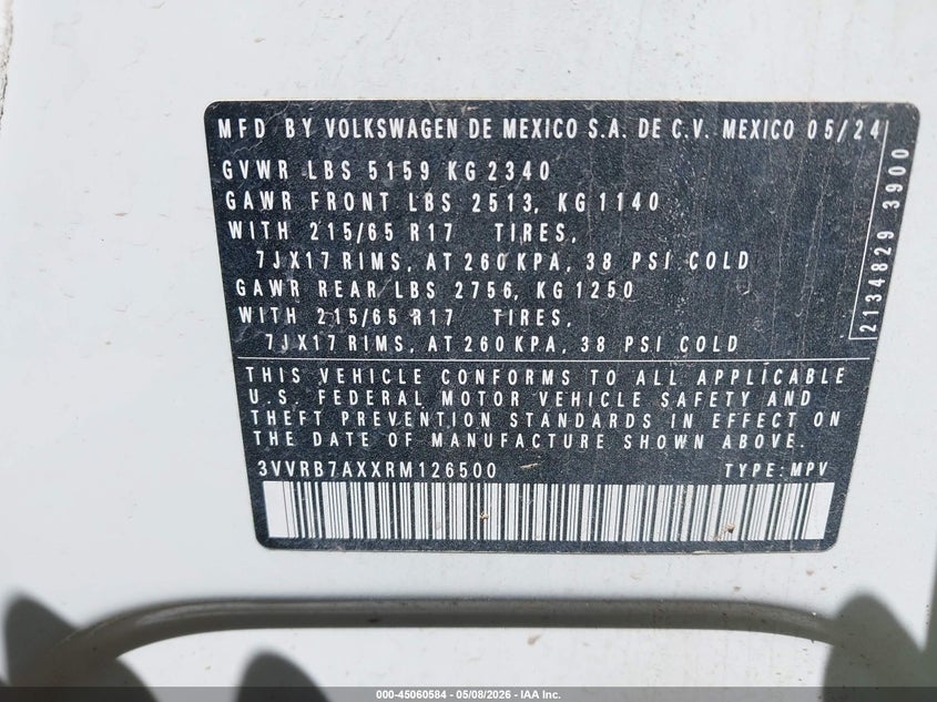 2024 Volkswagen Tiguan VIN 3VVRB7AXXRM126500 IAAI salvage auction — REAR END, Original (Texas), sold $9,725 on 2026-07-24 (photo 9)
