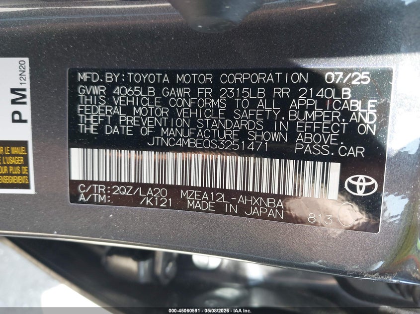 2025 Toyota Corolla VIN JTNC4MBE0S3251471 IAAI salvage auction — ROLLOVER, Salvage (California), sold $3,600 on 2026-07-13 (photo 9)