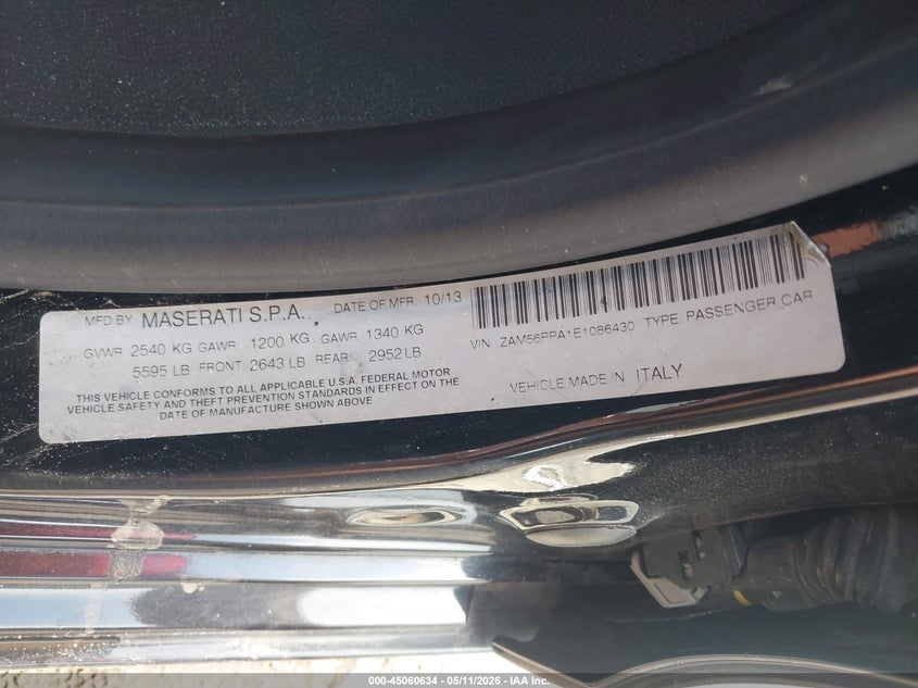 2014 Maserati Quattroporte VIN ZAM56PPA1E1086430 IAAI salvage auction — SUSPENSION, Original (Texas), sold $3,850 on 2026-07-22 (photo 9)
