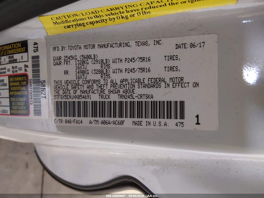 2017 Toyota Tacoma VIN 5TFSX5EN1HX054691 IAAI salvage auction — FRONT END, Salvage (Colorado), sold $6,800 on 2026-07-15 (photo 9)