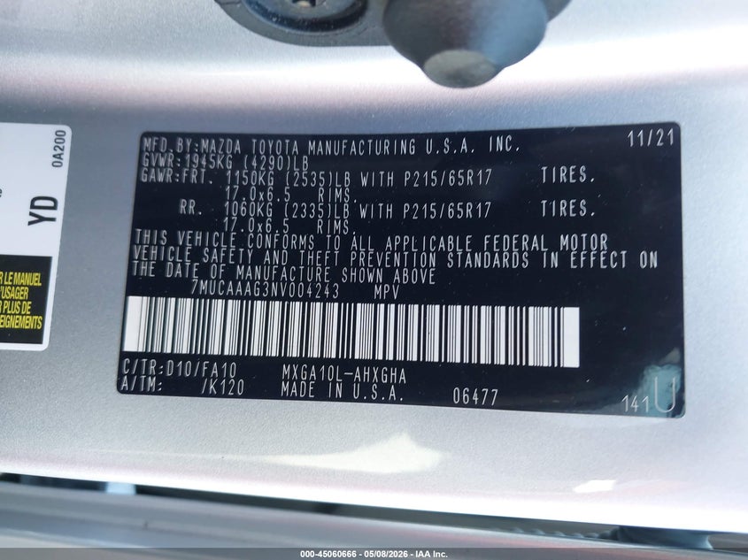 2022 Toyota Corolla cross VIN 7MUCAAAG3NV004243 IAAI salvage auction — FRONT END, Certificate Of Destruction (Florida), sold $3,100 on 2026-07-20 (photo 9)