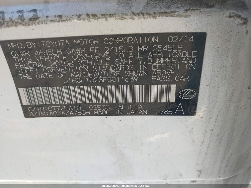 2014 Lexus Is VIN JTHCF1D28E5011639 IAAI salvage auction — ROLLOVER, Mv-907A (New York), sold $725 on 2026-07-14 (photo 9)
