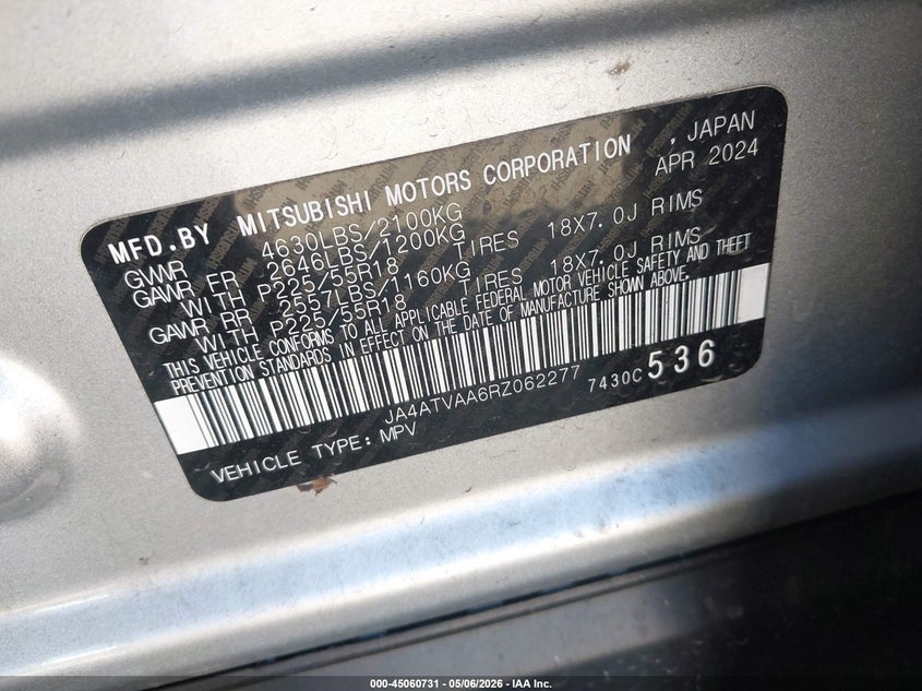 2024 Mitsubishi Eclipse cross VIN JA4ATVAA6RZ062277 IAAI salvage auction — LEFT SIDE, Salvage Title, sold $7,250 on 2026-09-14 (photo 9)