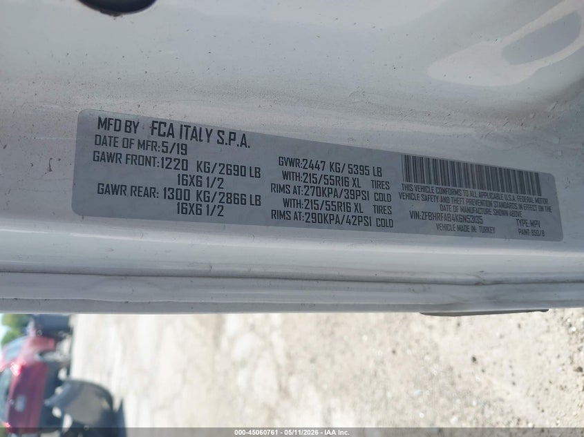 2019 Ram Promaster city VIN ZFBHRFAB4K6N53135 IAAI salvage auction — FRONT END, Salvage (Illinois), sold $1,625 on 2026-07-14 (photo 9)