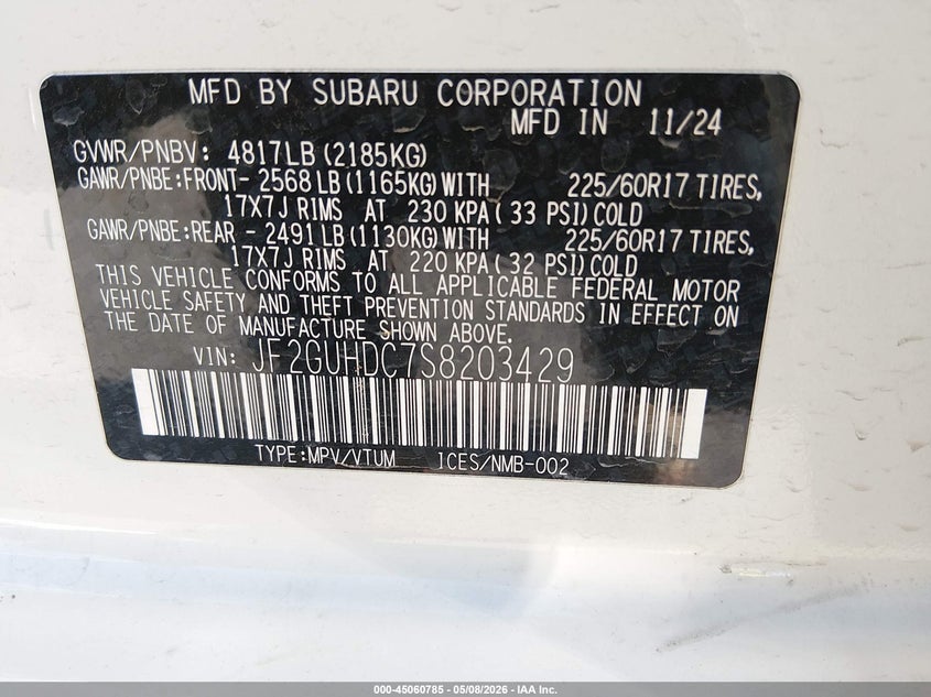 2025 Subaru Xv VIN JF2GUHDC7S8203429 IAAI salvage auction — FRONT END, Salvage (Texas), sold $3,050 on 2026-07-15 (photo 9)