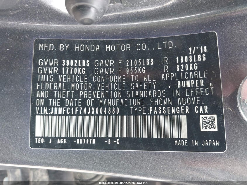 2018 Honda Civic VIN JHMFC1F74JX004880 IAAI salvage auction — FRONT & REAR, Original (Texas), sold $4,500 on 2026-07-30 (photo 9)