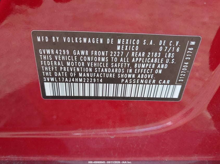 2017 Volkswagen Jetta VIN 3VWL17AJ4HM222914 IAAI salvage auction — FRONT END, Salvage (Massachusetts), sold $1,200 on 2026-07-18 (photo 9)