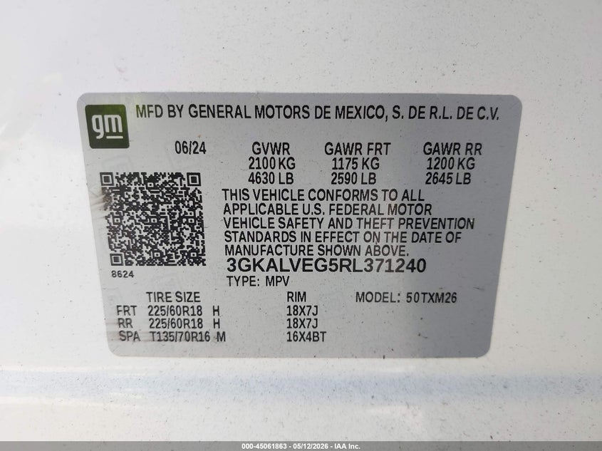2024 Gmc Terrain VIN 3GKALVEG5RL371240 IAAI salvage auction — FRONT & REAR, Original (Texas), sold $7,050 on 2026-07-29 (photo 9)