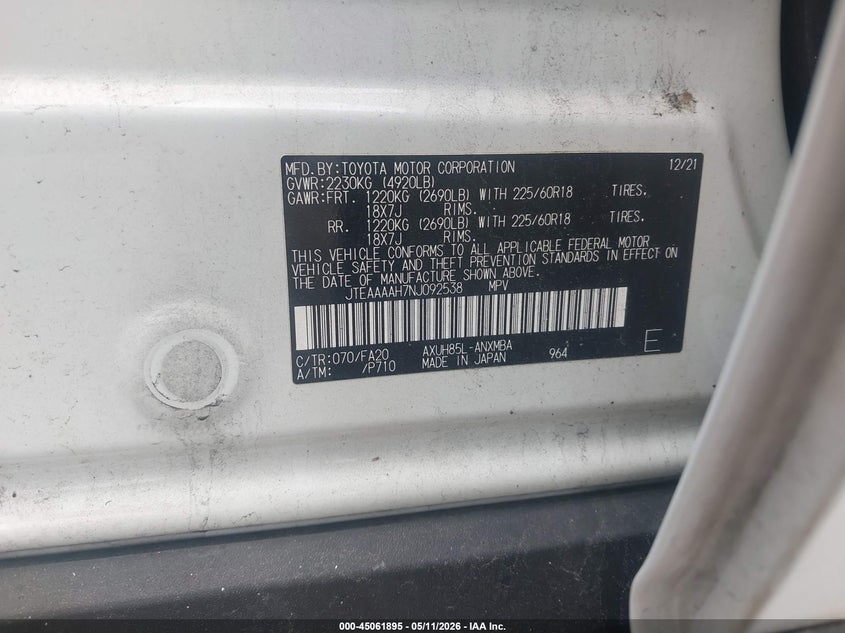 2022 Toyota Venza VIN JTEAAAAH7NJ092538 IAAI salvage auction — REAR END, Salvage - Greater Than 75% (Maryland), sold $5,900 on 2026-07-20 (photo 9)