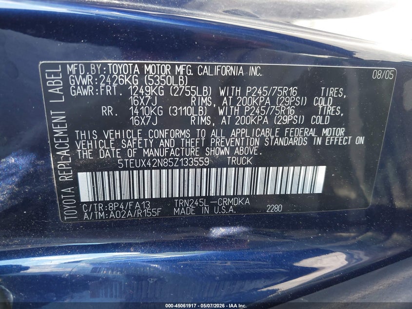 2005 Toyota Tacoma VIN 5TEUX42N85Z133559 IAAI salvage auction — FRONT END, Salvage Title (Hawaii), sold $1,100 on 2026-07-07 (photo 9)