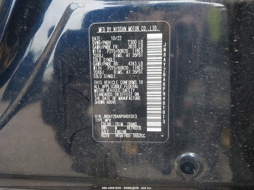 2023 Nissan Armada VIN JN8AY2BA6P9401013 IAAI salvage auction — FRONT END, Original (Texas), sold $16,000 on 2026-07-07 (photo 9)