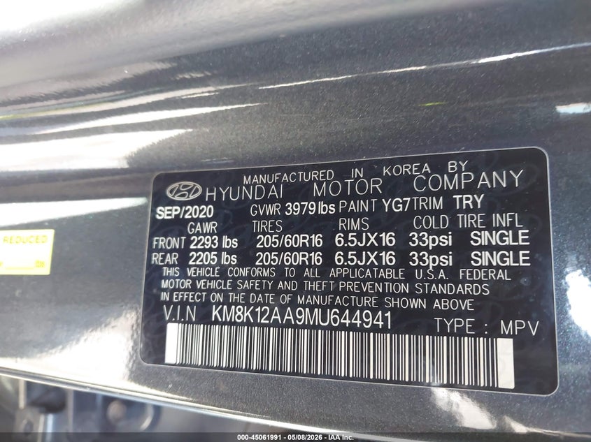 2021 Hyundai Kona VIN KM8K12AA9MU644941 IAAI salvage auction — FRONT END, Salvage (Nevada), sold $1,300 on 2026-07-21 (photo 9)