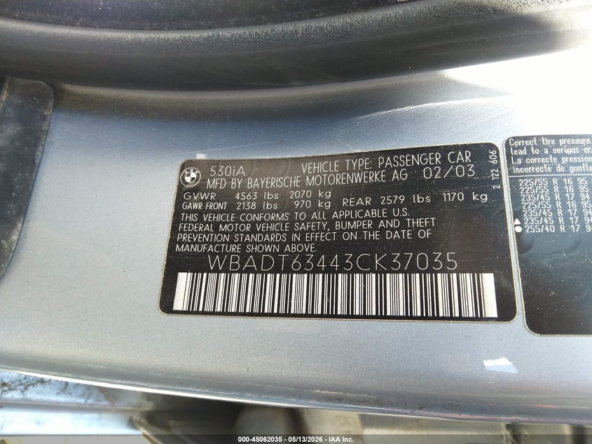 2003 BMW 5er VIN WBADT63443CK37035 IAAI salvage auction — NORMAL WEAR, Clear - Dealer Only (California), sold $450 on 2026-07-13 (photo 9)
