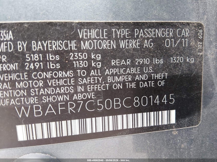 2011 BMW 5 series VIN WBAFR7C50BC801445 IAAI salvage auction — NORMAL WEAR, Original (Texas), sold $1,150 on 2026-08-03 (photo 9)