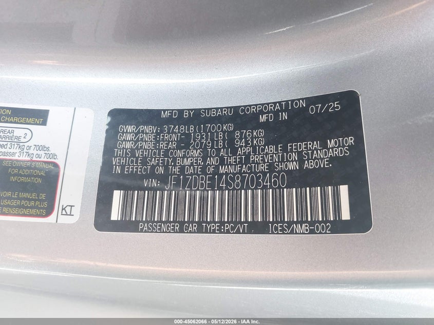 2025 Subaru Brz VIN JF1ZDBE14S8703460 IAAI salvage auction — FRONT END, Salvage (Ohio), sold $4,500 on 2026-07-21 (photo 9)