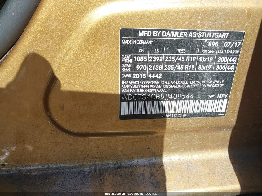 2018 Mercedes-benz Gla-klasse VIN WDCTG4GB5JJ409544 IAAI salvage auction — LEFT SIDE, Salvage (Pennsylvania), sold $3,250 on 2026-07-14 (photo 9)