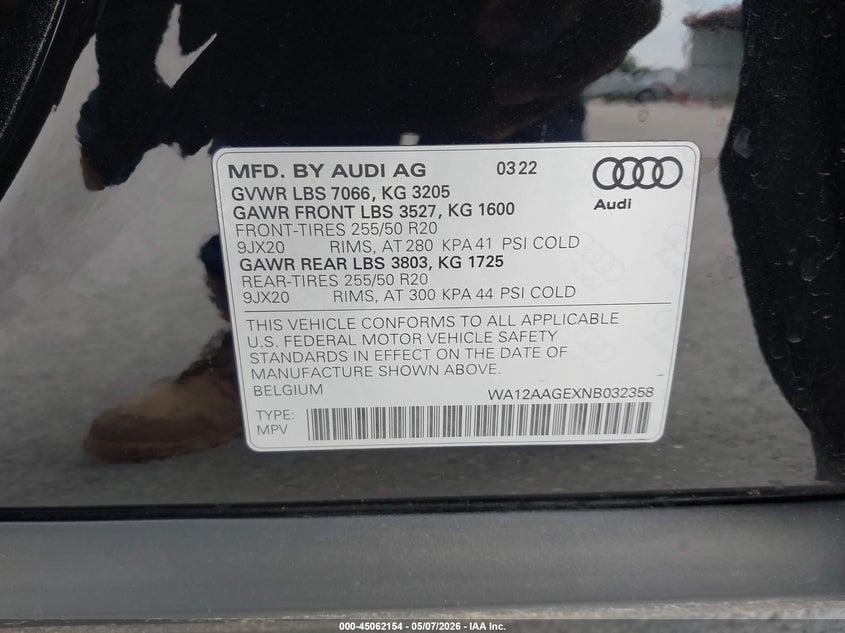 2022 Audi E-tron sportback VIN WA12AAGEXNB032358 IAAI salvage auction — FRONT END, Original (Texas), sold $14,300 on 2026-07-16 (photo 9)