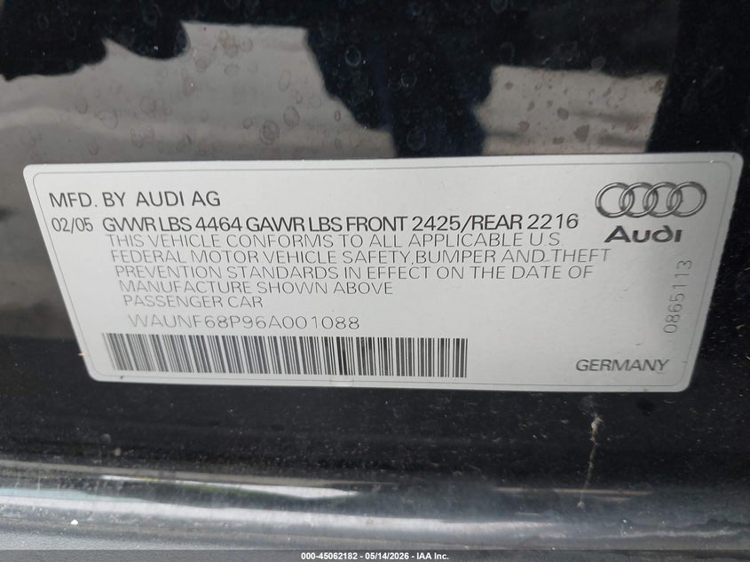 2006 Audi A3 VIN WAUNF68P96A001088 IAAI salvage auction — FRONT END, Clear - Dealer Only (California), sold $725 on 2026-07-15 (photo 9)