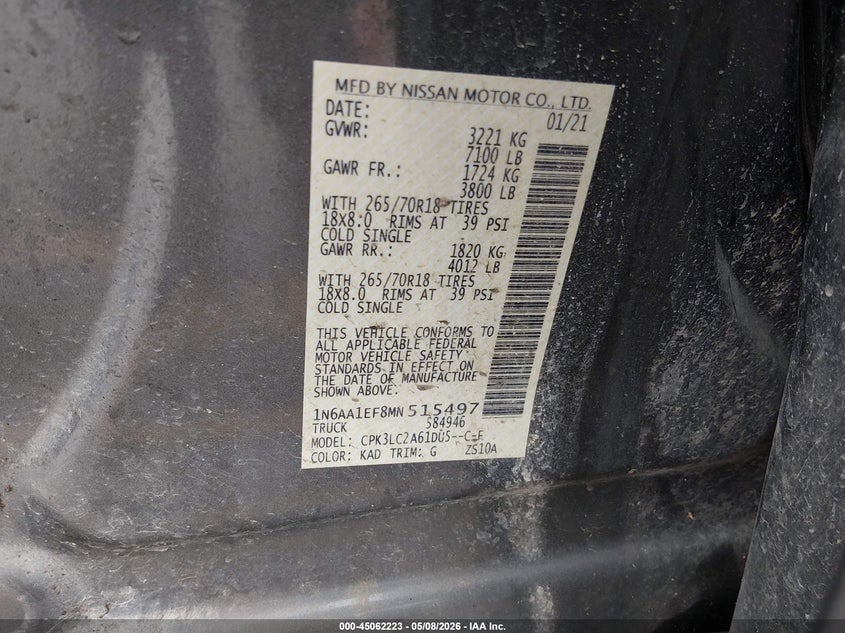 2021 Nissan TITAN VIN 1N6AA1EF8MN515497 IAAI salvage auction — RIGHT REAR, Salvage (Texas), sold $7,375 on 2026-07-23 (photo 9)