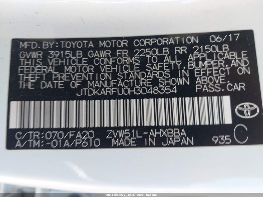 2017 Toyota Prius VIN JTDKARFU0H3048354 IAAI salvage auction — REAR END, Salvage (California), sold $2,950 on 2026-07-15 (photo 9)