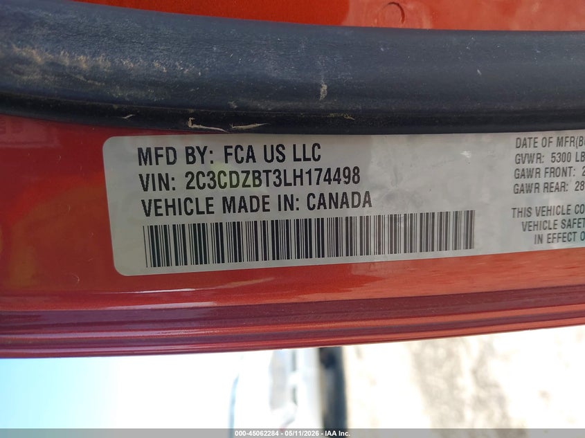 2020 Dodge Challenger VIN 2C3CDZBT3LH174498 IAAI salvage auction — LEFT SIDE, Original (Texas), sold $10,500 on 2026-07-09 (photo 9)