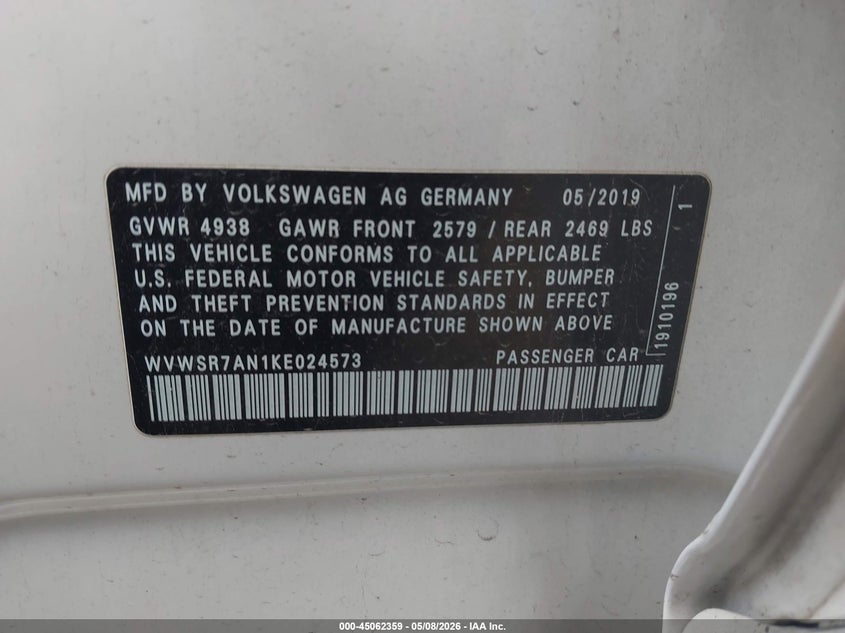 2019 Volkswagen Arteon VIN WVWSR7AN1KE024573 IAAI salvage auction — FRONT END, Salvage (Ohio), sold $2,450 on 2026-07-14 (photo 9)