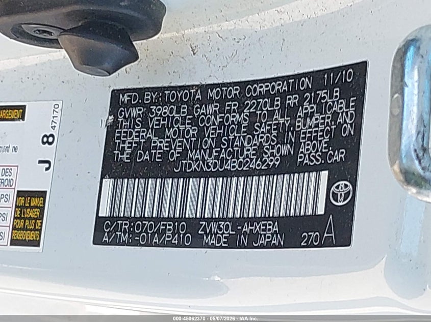2011 Toyota Prius VIN JTDKN3DU4B0246299 IAAI salvage auction — FRONT END, Salvage (Indiana), sold $925 on 2026-07-10 (photo 9)