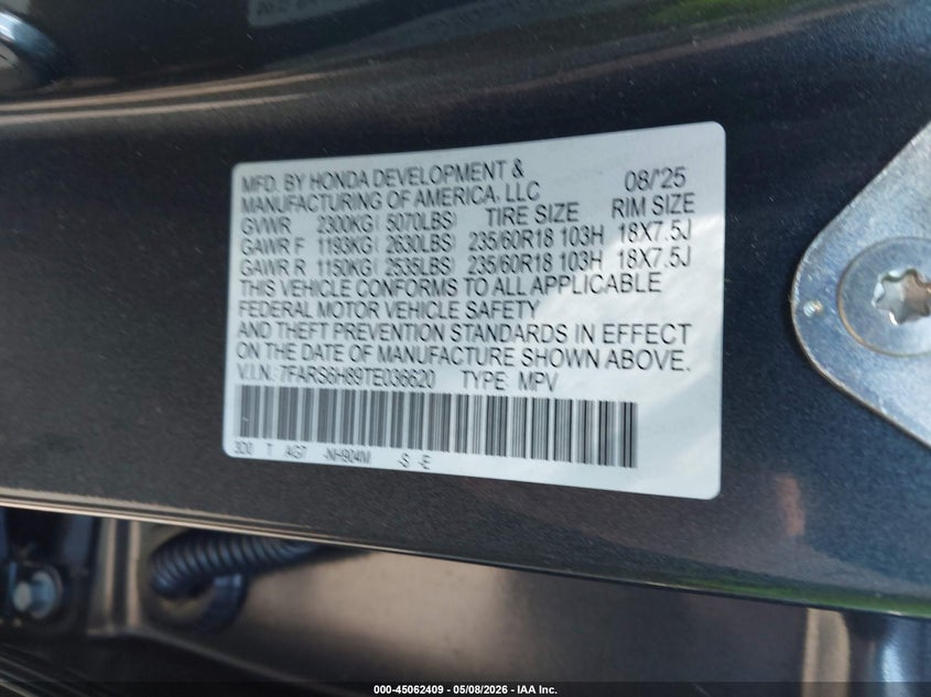 2026 Honda Cr-v VIN 7FARS6H89TE036620 IAAI salvage auction — REAR END, Salvage (Massachusetts), sold $15,750 on 2026-07-31 (photo 9)
