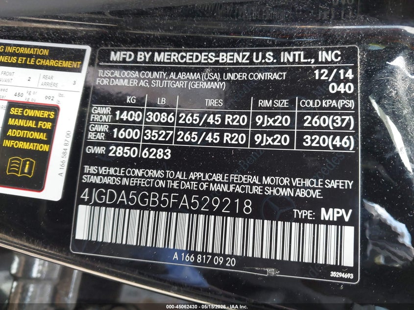 2015 Mercedes-benz M-klasse VIN 4JGDA5GB5FA529218 IAAI salvage auction — FRONT END, Wait Title, sold $2,100 on 2026-08-14 (photo 9)