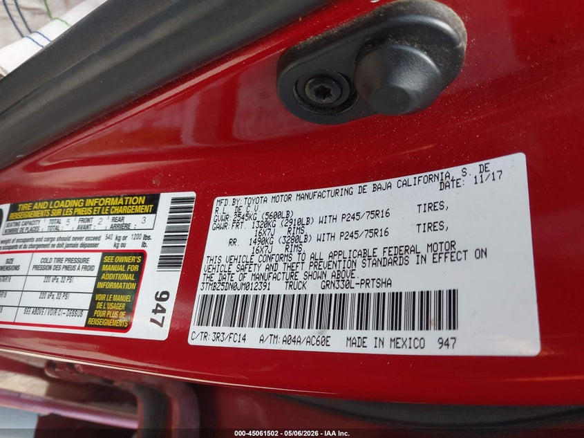 2018 Toyota Tacoma VIN 3TMBZ5DN0JM012391 IAAI salvage auction — LEFT FRONT, Salvage (California), sold $8,550 on 2026-07-09 (photo 9)