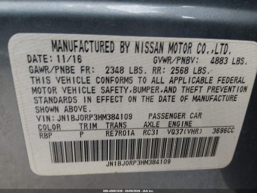 2017 Infiniti Qx50 VIN JN1BJ0RP3HM384109 IAAI salvage auction — NORMAL WEAR, Clear (Texas), sold $1,700 on 2026-07-20 (photo 9)