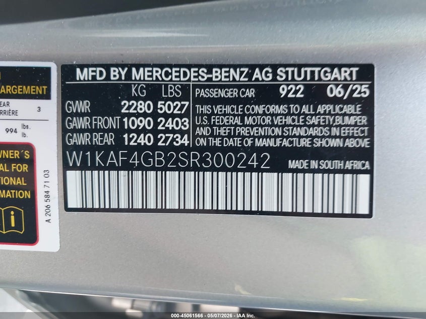 2025 Mercedes-benz C-klasse VIN W1KAF4GB2SR300242 IAAI salvage auction — FRONT END, Salvage Certificate (California), sold $21,200 on 2026-07-08 (photo 9)