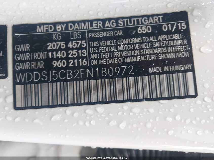 2015 Mercedes-benz Cla-klasse amg VIN WDDSJ5CB2FN180972 IAAI salvage auction — FRONT END, Salvage (Georgia), sold $6,000 on 2026-07-17 (photo 9)
