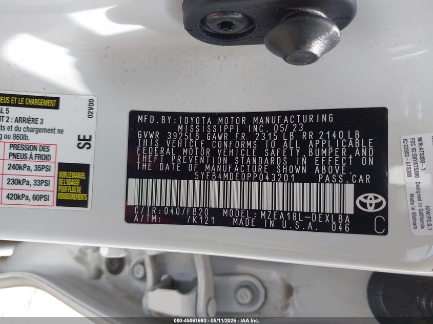 2023 Toyota Corolla VIN 5YFB4MDE0PP043201 IAAI salvage auction — REAR END, Original (Texas), sold $4,950 on 2026-07-21 (photo 9)