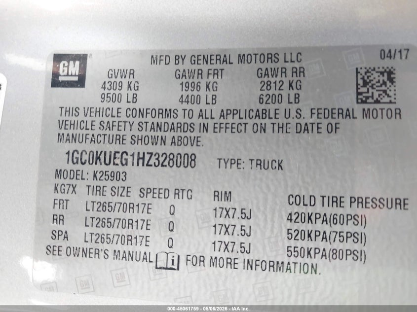 2017 Chevrolet Silverado 2500 VIN 1GC0KUEG1HZ328008 IAAI salvage auction — REAR END, Sf97 (Utah), sold $26,950 on 2026-07-08 (photo 9)