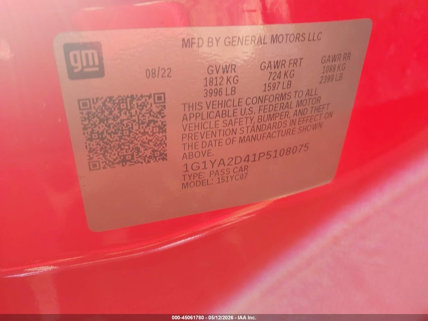 2023 Chevrolet Corvette VIN 1G1YA2D41P5108075 IAAI salvage auction — REAR END, Salvage (Texas), sold $19,400 on 2026-07-28 (photo 9)